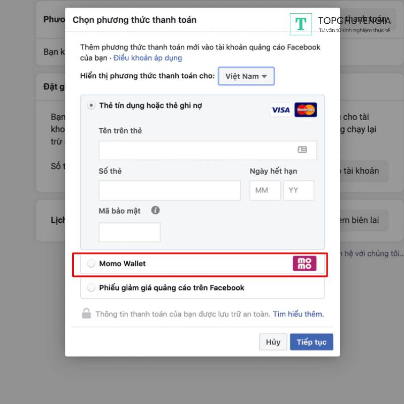 thanh toán quảng cáo Facebook bằng Momo